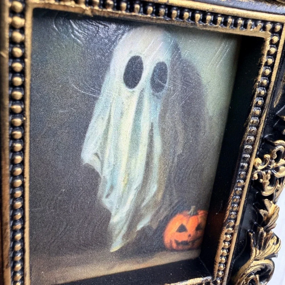 Gothic Ghost Pumpkin Decoupage Art Ornate Gold Black Resin Frame 4x3.5 Mini